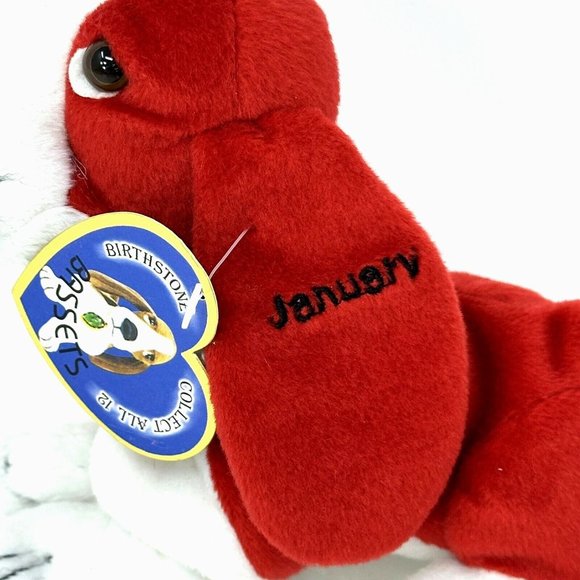 Birthstone Bassets January Red Plush Dog Pearl Necklace Red Stone Stuffed Animal - Picture 9 of 12